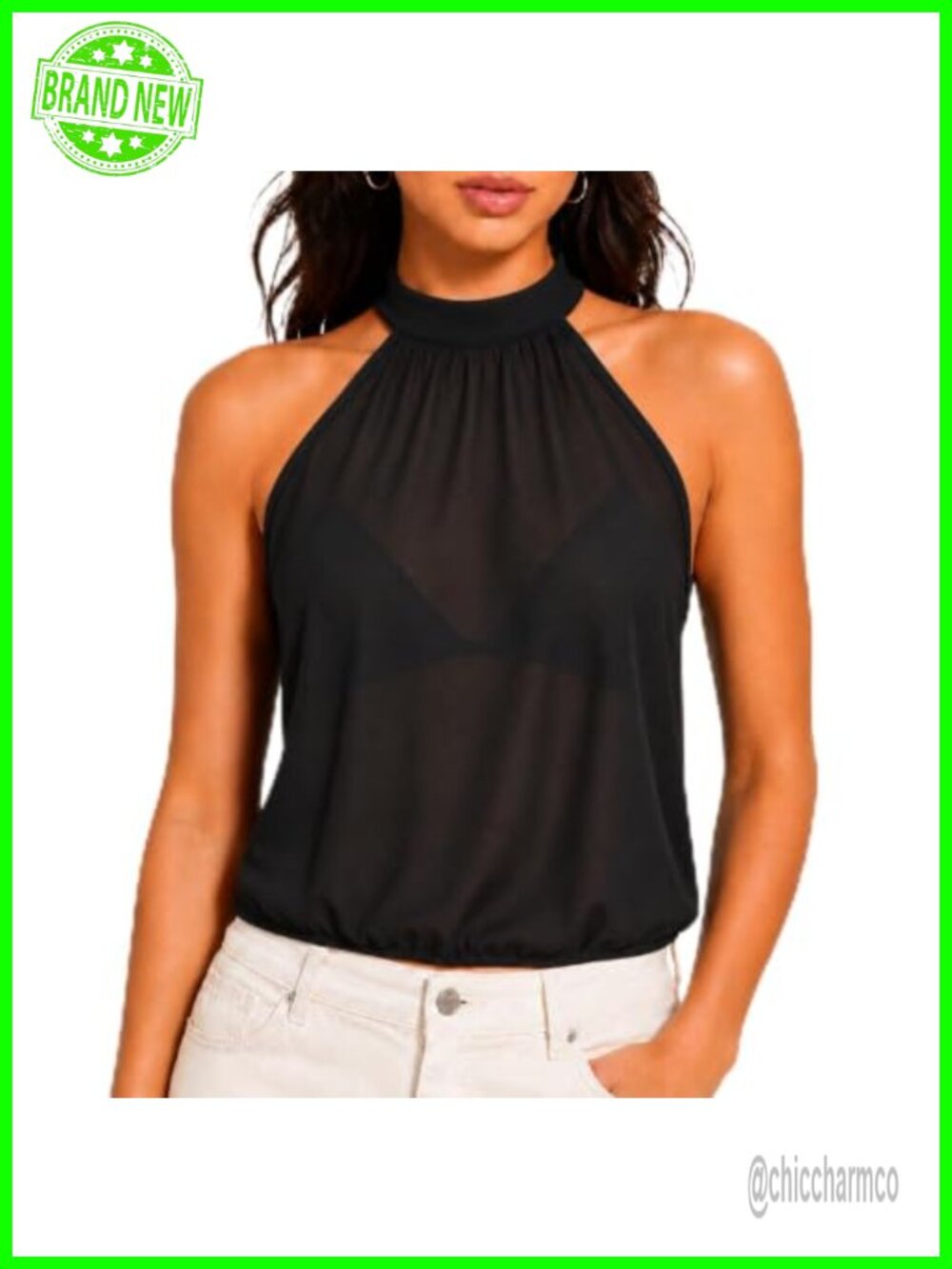 Sheer Mesh Halter Neck Open Back Crop Top Semi-Sheer Blouson Party